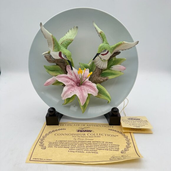 Vtg Seymour Mann Connoisseur 3D Hummingbirds Lily Collectors Plate Box Stand COA - Picture 2 of 14